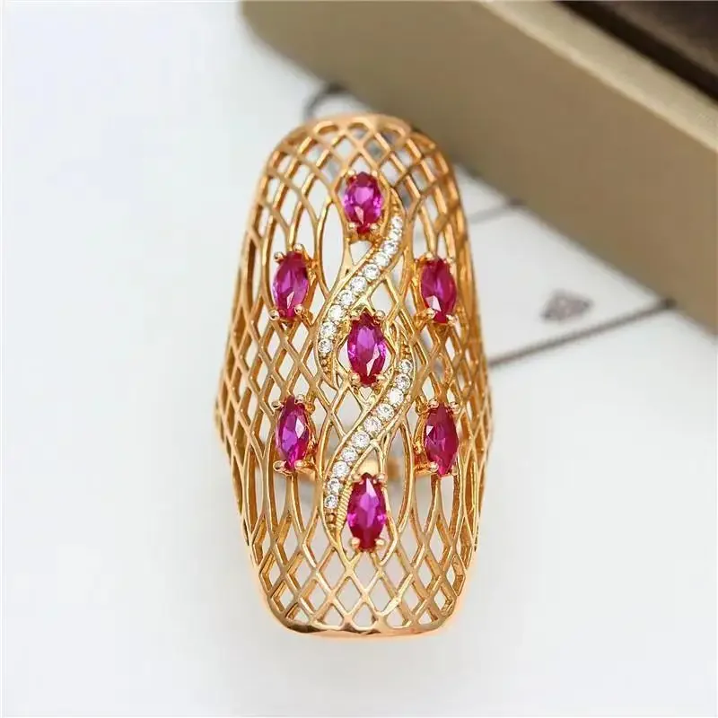 Russian 585 Purple Gold Ring Luxury Gold Inlaid Red Treasure Women's Ring Hollow Finger Ring