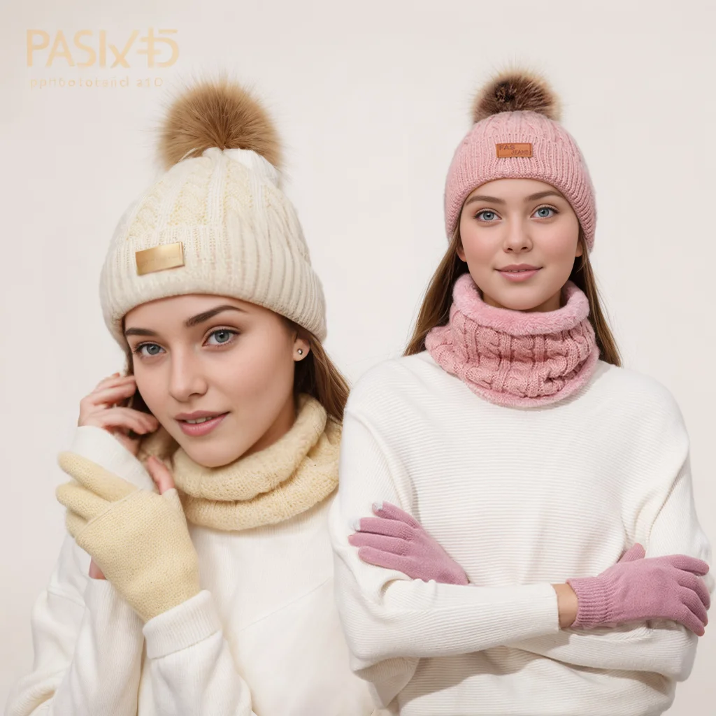 Warm & Soft Winter Fleece Knitted Hat Scarf Touch Screen Gloves 3Pcs Set Perfect Ear & Neck Warmer for Skiing Hat Outdoor Sports