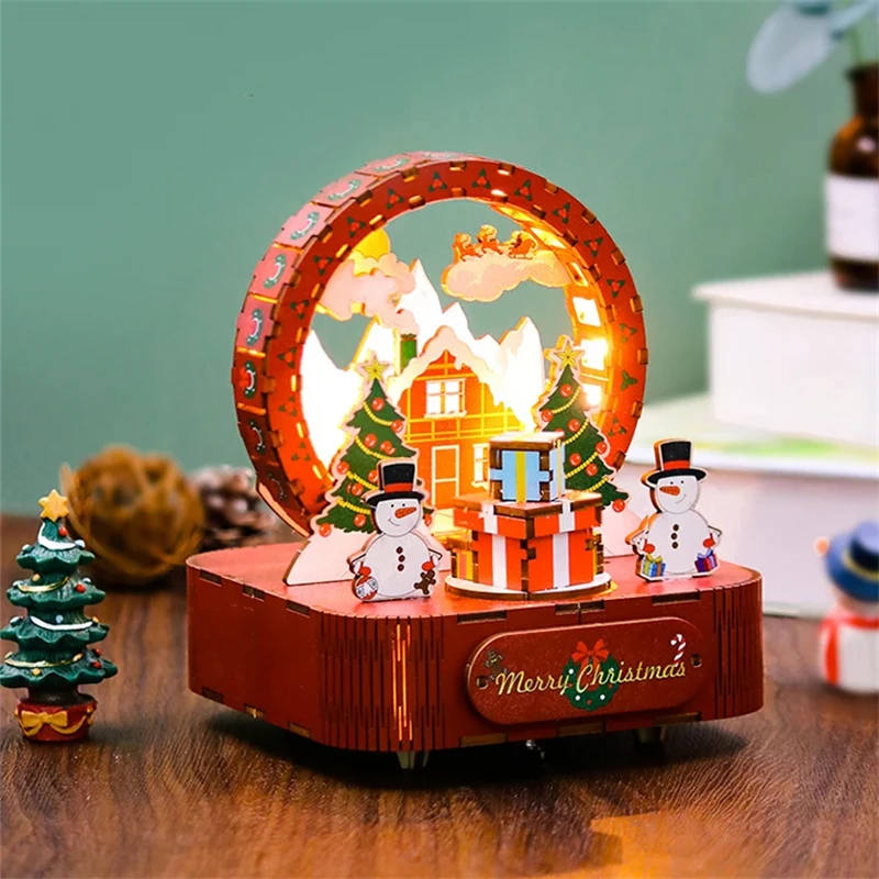 Kits de construção em miniatura de madeira, faça você mesmo, caixa de música de feliz natal, pode mover carrossel, casas de bonecas para amigos, presentes de aniversário