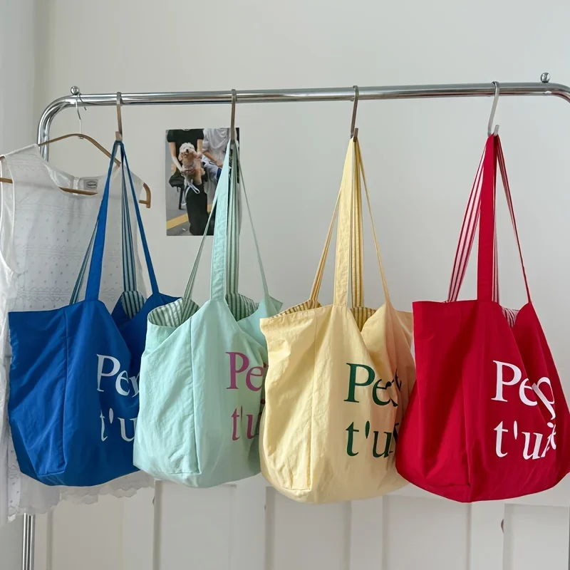 Fashionable Women's Crossbody Bag, Casual Tote Bag, Ins Letter Printed Handbag,Red Striped Double-sided Single Shoulder Bag