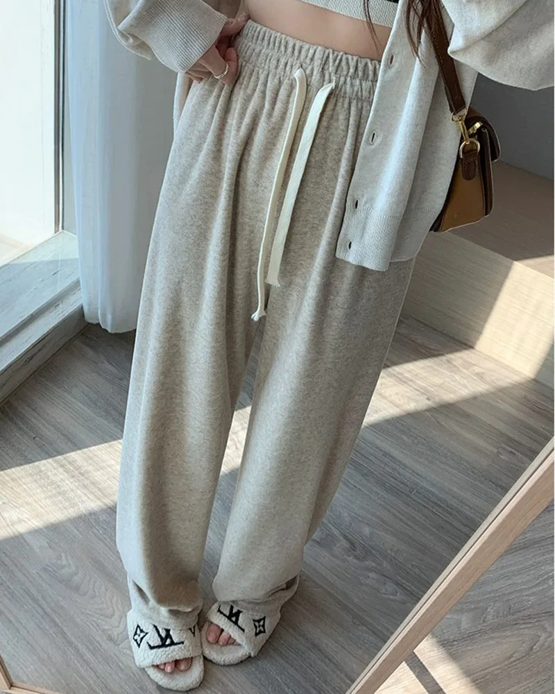 2025 الكاكي الكشمير بنطال ذو قصة أرجل واسعة المرأة عادية مستقيم الساق نسخة ضيقة لينة شمعي قطرة متماسكة السراويل النساء