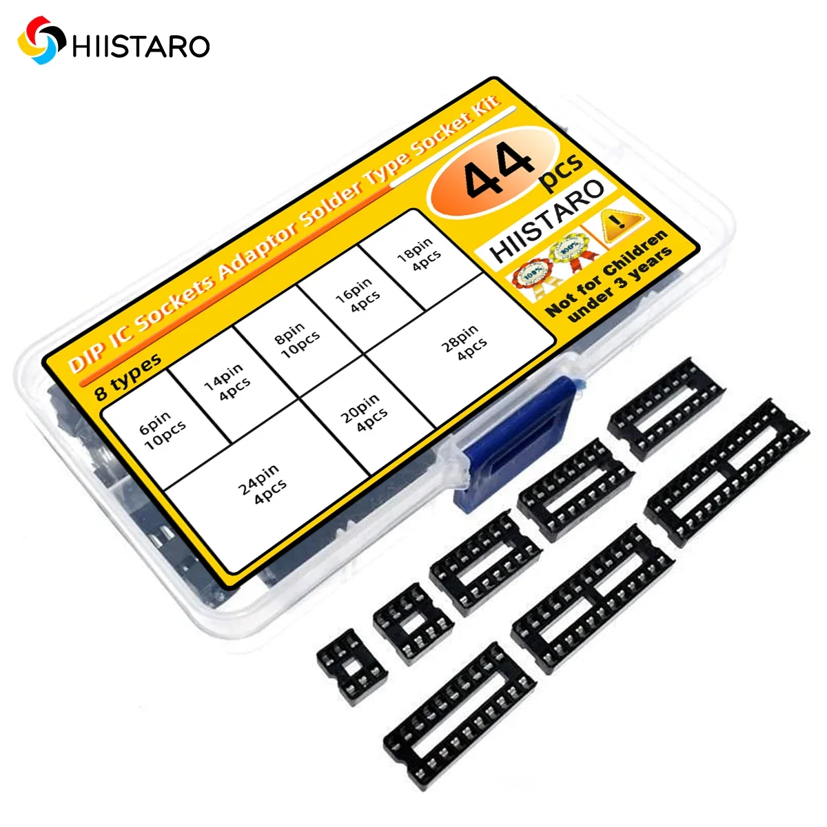 44pcs DIP IC Socket Kit 6Pin 8Pin 14Pin 16Pin 18Pin 20Pin 24Pin 28Pin PCB Chip Base Socket for MCU
