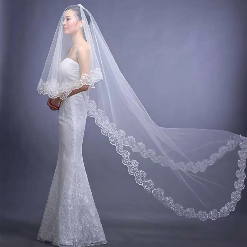 Wedding Bridal Tulle Veil Lace Edge Floral Embroidered Lace Trim Cathedral Long Veil For Bride Wedding Ceremony Hair Accessories