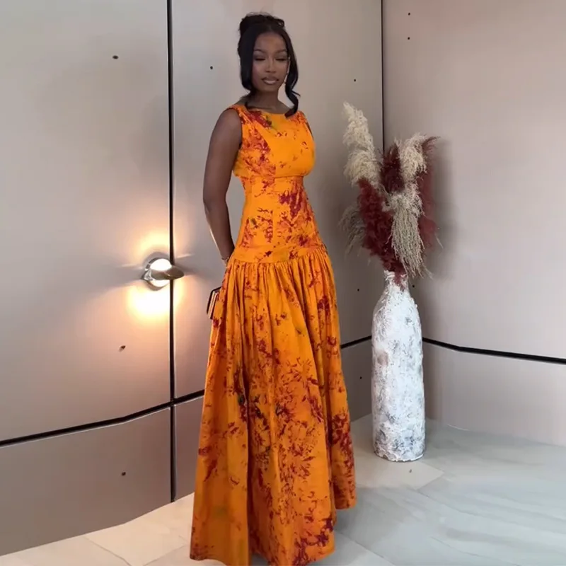 

Sweet and fresh printing backless high waist thin A-shaped dress long dress fashionable simple and versatile temperament elegant