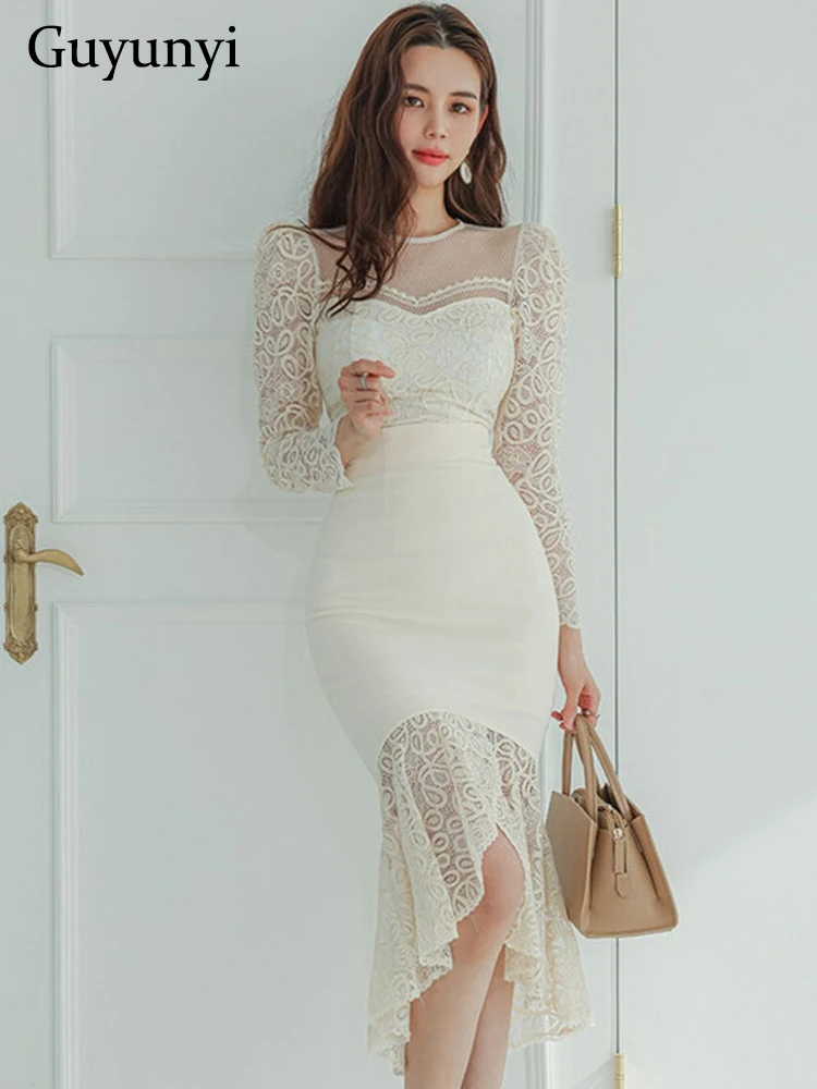 

Elegant Party Dress Spring Sexy Lace Apricot Color O-Neck Full Sleeve Tight High Waist Line Fishtail Hem Temperament Dress Women