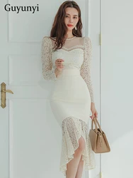 Elegant Party Dress Spring Sexy Lace Apricot Color O-Neck Full Sleeve Tight High Waist Line Fishtail Hem Temperament Dress Women
