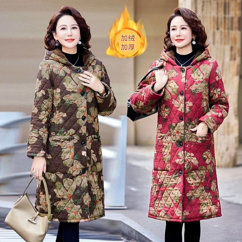 Windbreaker Mujeres New Hooded Middle Aged Mother Printed Cotton Jacket Thicken Velvet Warm Parkas Women Winter Coat