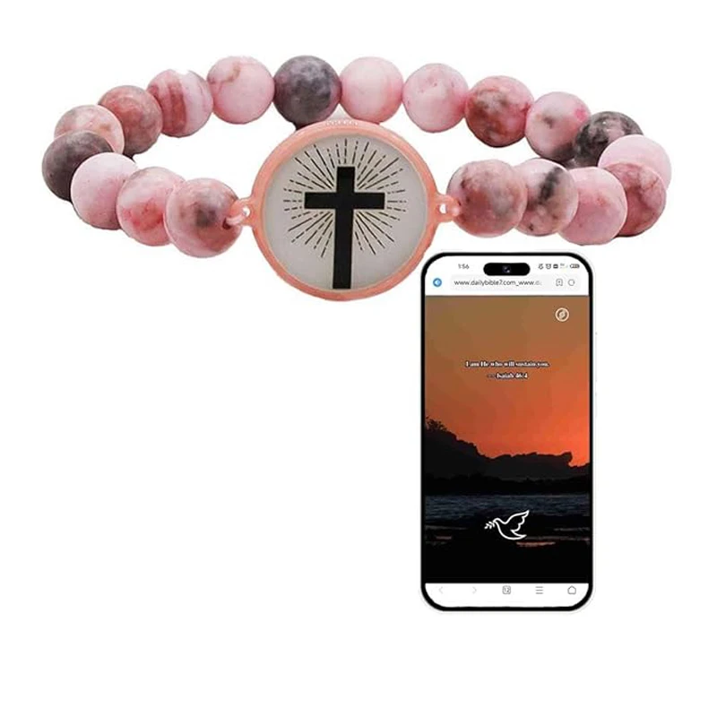 Daily Bible Verse Bracelet For Men Women Scan NFC Music Healing Natural Crystal Stone Stretchy Beaded Cross Faith Easter Jewelry