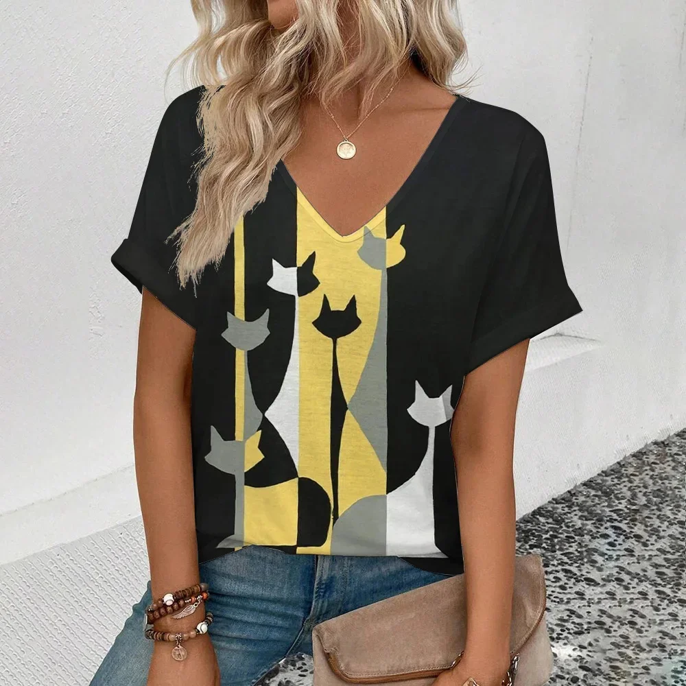 

Cartoon Abstract Cat 3d T-Shirt Harajuku Animal Women's T-Shirt Fashion Casual Short Sleeve Top V-Neck Oversized Female Clothing