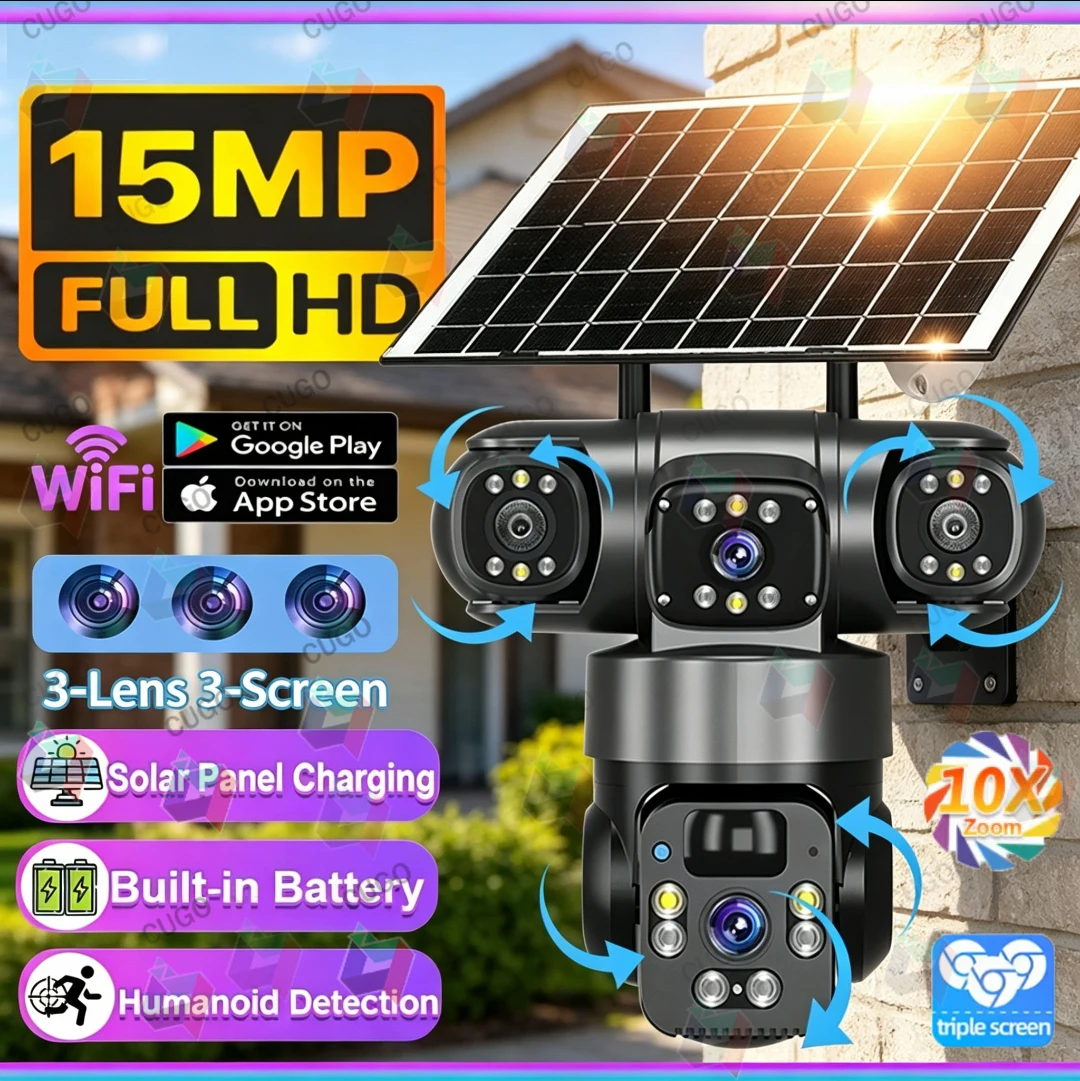15MP IP Wifi Camera Wireless Solar Camera PTZ 3 Lens Outdoor Waterproof 10X Zoom Night Vision PIR Human Detect Security Camera