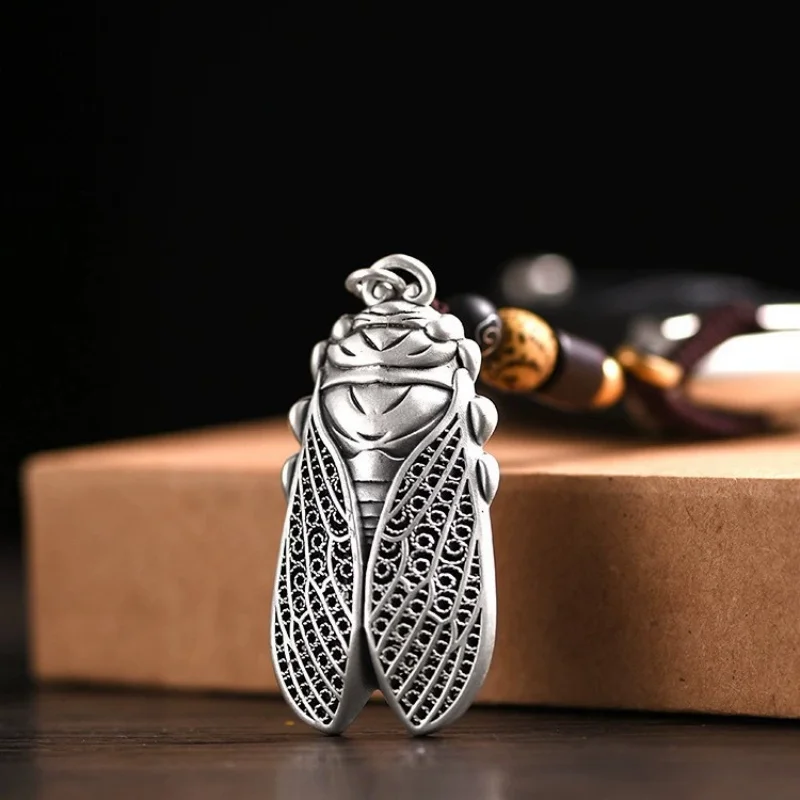 

S925 Silver Cicada Pendant Keychain Vintage Chinese Style Car Charm & Phone Accessory Jewelry Gift for Women Men