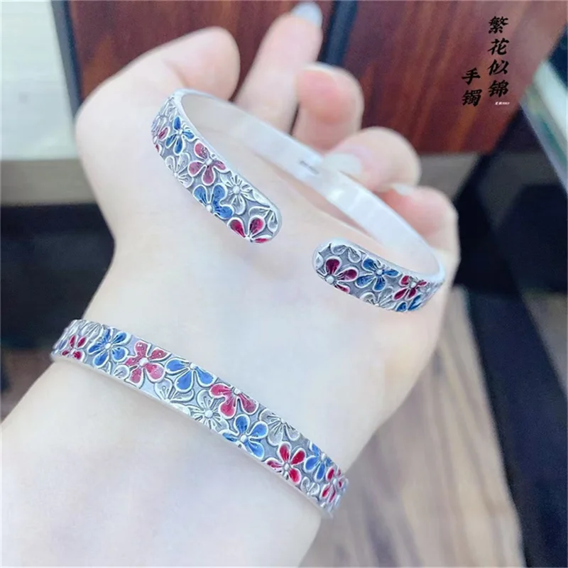 999% pure silver enamel plum blossom women's bracelet, fashionable and retro style, open mouth bracelet, luxurious jewelry gift