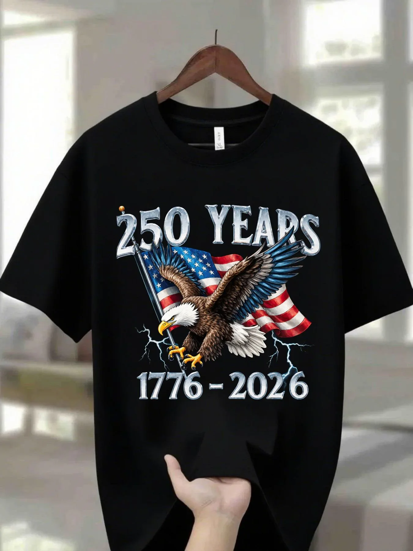Men's Round Neck T-Shirt Navy Blue 100% with Eagle Pattern| 250 Years 1776- 2026 United States Flag Design, Ideal for Thanksgiving, Christmas, Summer, and Casual Attire, Men's Casual Comfortable T-Shirt
