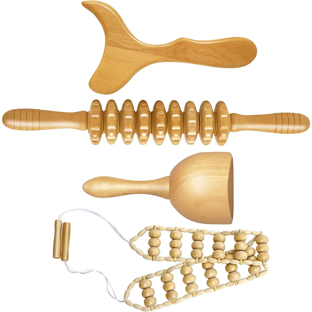

4 Pcs Massage Tool Set Tools Wooden Scroll Wheel Massager Roller Scraping Board