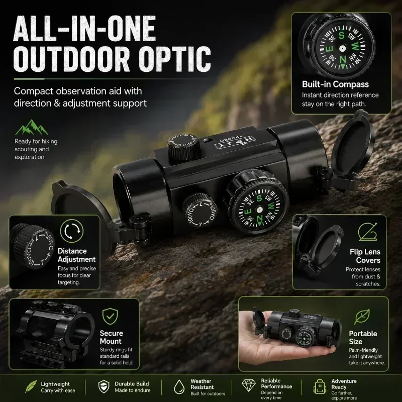 1X40RD Optische Beobachtungseinheit aus Kunststoff mit externer Montage, Kompass, Outdoor-Hobby-Zubehör, Klappbare Linsenabdeckung für 20mm-Schiene – Detail 3