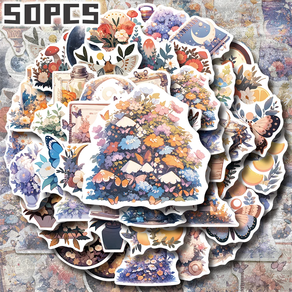 

50pcs Mysterious flowers and moon themed non-repeating stickers for holiday gift party decors Back to school Class reward