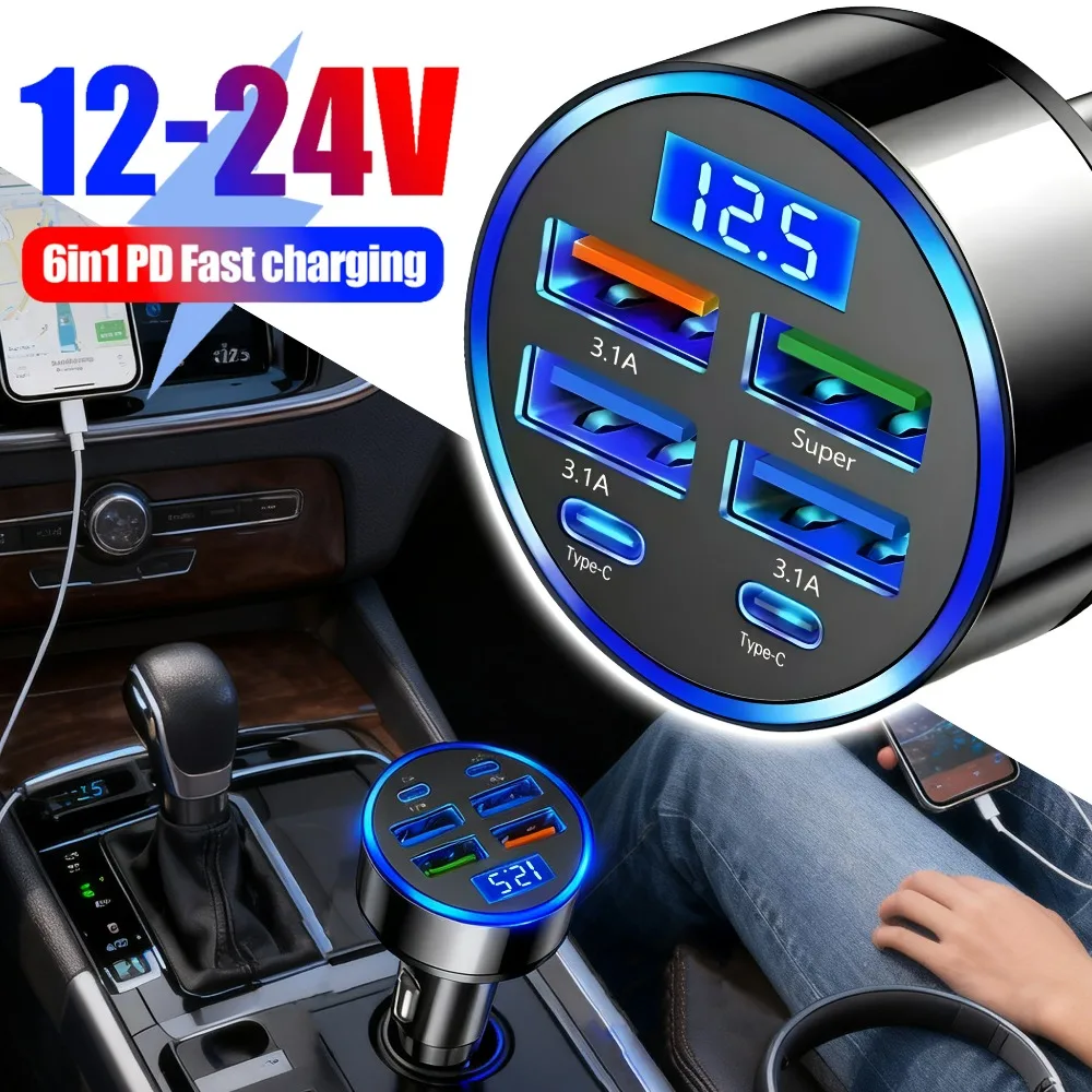 

Автомобильное зарядное устройство 6 в 1, адаптер PD USB, быстрая зарядка, 4 розетки USB 2 типа C, цифровой дисплей для iPhone, Samsung, автоаксессуары