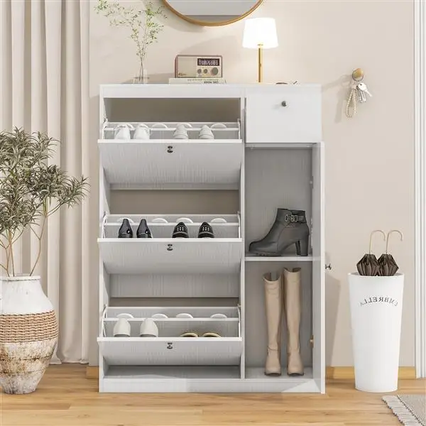 Shoe Cabinet Tipping Bucket Rack Drawer Adjustable Shelf Slim Storage Organizer White