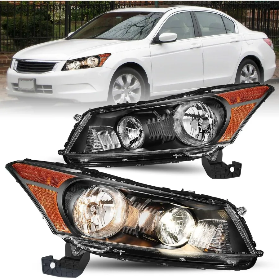 

Headlight Assembly Pair for 2008-2012 Honda Accord Sedan 4-Door Halogen Headlamp Replacement Black Housing with Amber Reflector