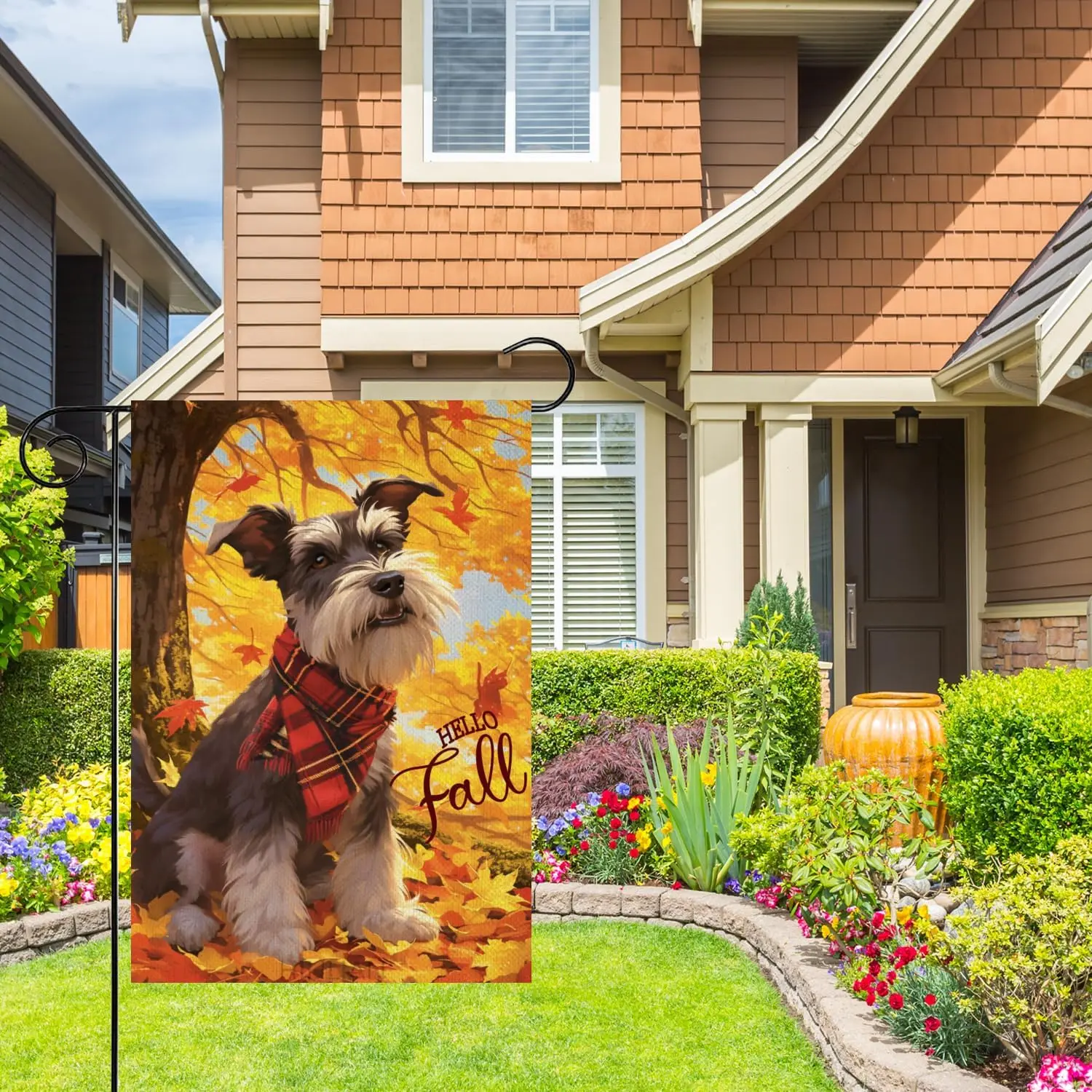 Hello Fall Garden Flag 12x18 Double Sided, Schnauzer Dog Garden Flag Maple Leaves Fall Thanksgiving Outside Outdoor House Ya uui