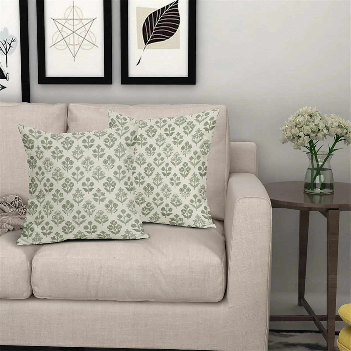 New Floral Pillow Covers 18x18 Inch Set of 2, Vintage Flower Block Print Pattern Decorative Throw Pillowcases