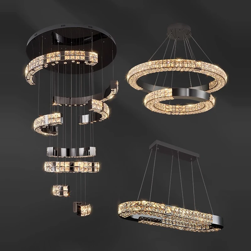 

Scandinavian Crystal Living Room Chandelier Black Body Stainless Steel Lustre Suitable For Dining Room