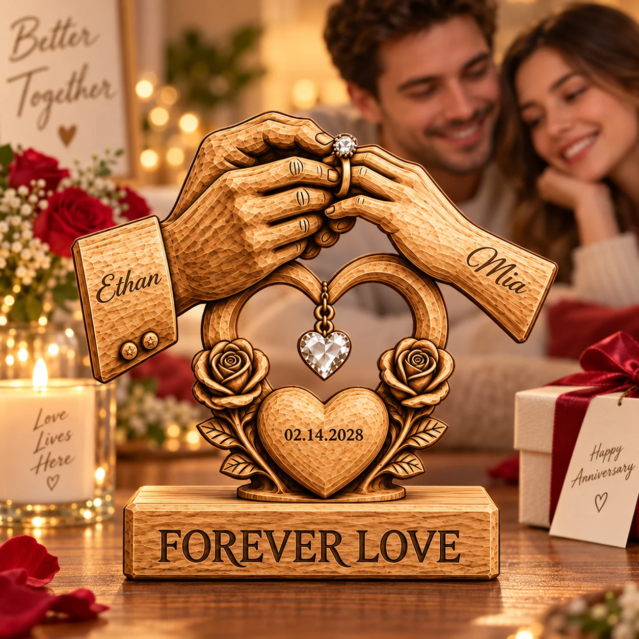Custom Wooden Hands Heart Plaque with Roses Engraved Name Date Forever Love Desk Decor for Wedding Anniversary Birthday Gift