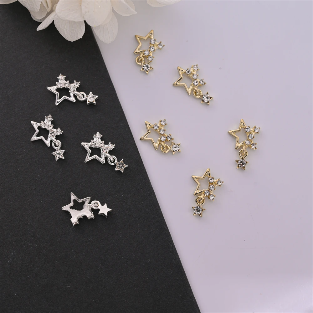 Oco Pentagram Star Nail Art Charm, Rhinestone brilhante, Gems de luxo, Nail Parts, DIY Acessórios Decoração Nail Art, JE13, 1 saco, 10pcs