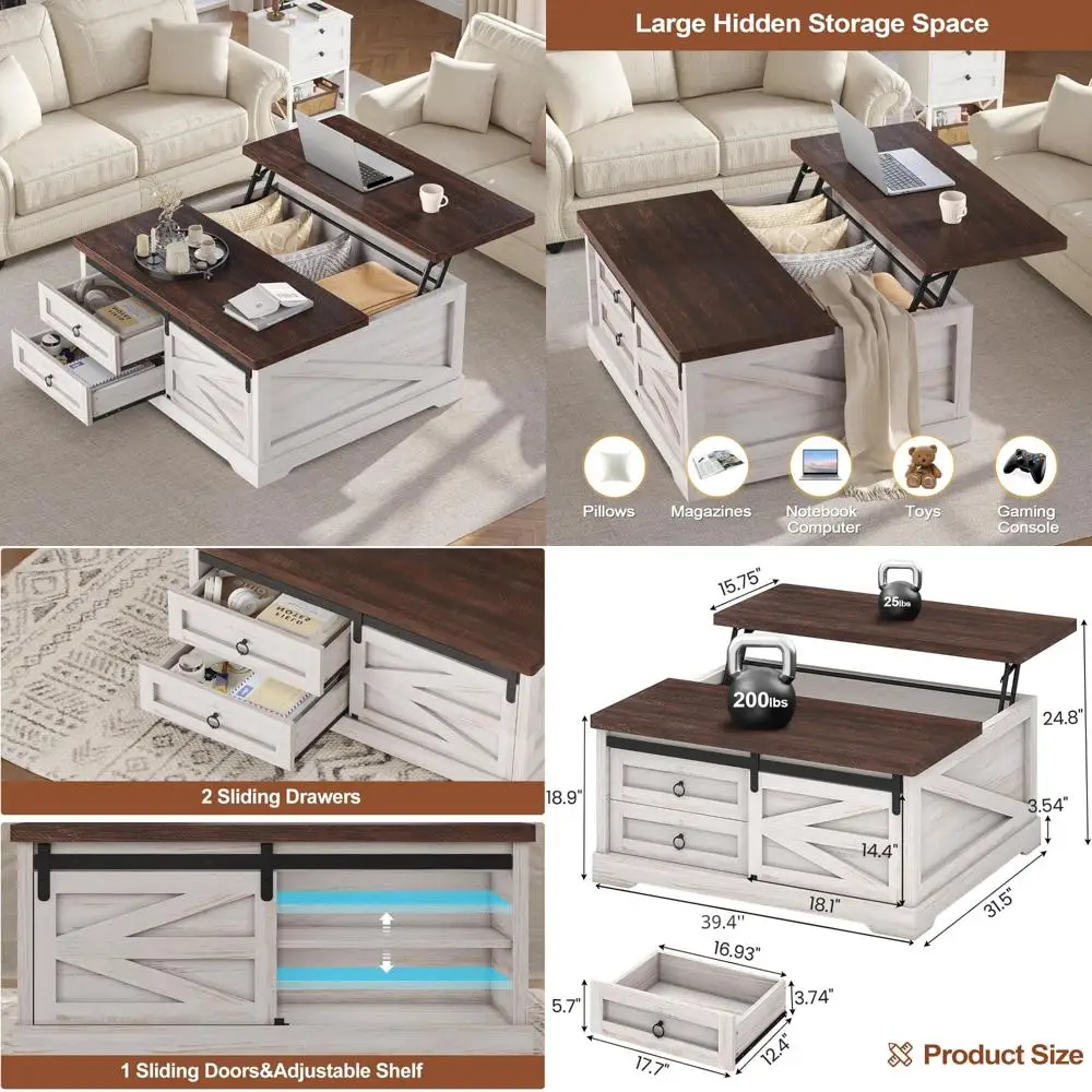Large Square Farmhouse Style Coffee Table with Lift Top and Storage for Living Room, Ideal Hidden Space Solution