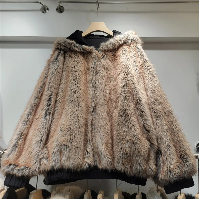 HKSH 2025 شتاء جديد المرأة عكسها معطف دافئ مقنعين فو الفراء سستة جيوب الأمريكية الرجعية أنيق Ins سترة سميكة HK15788