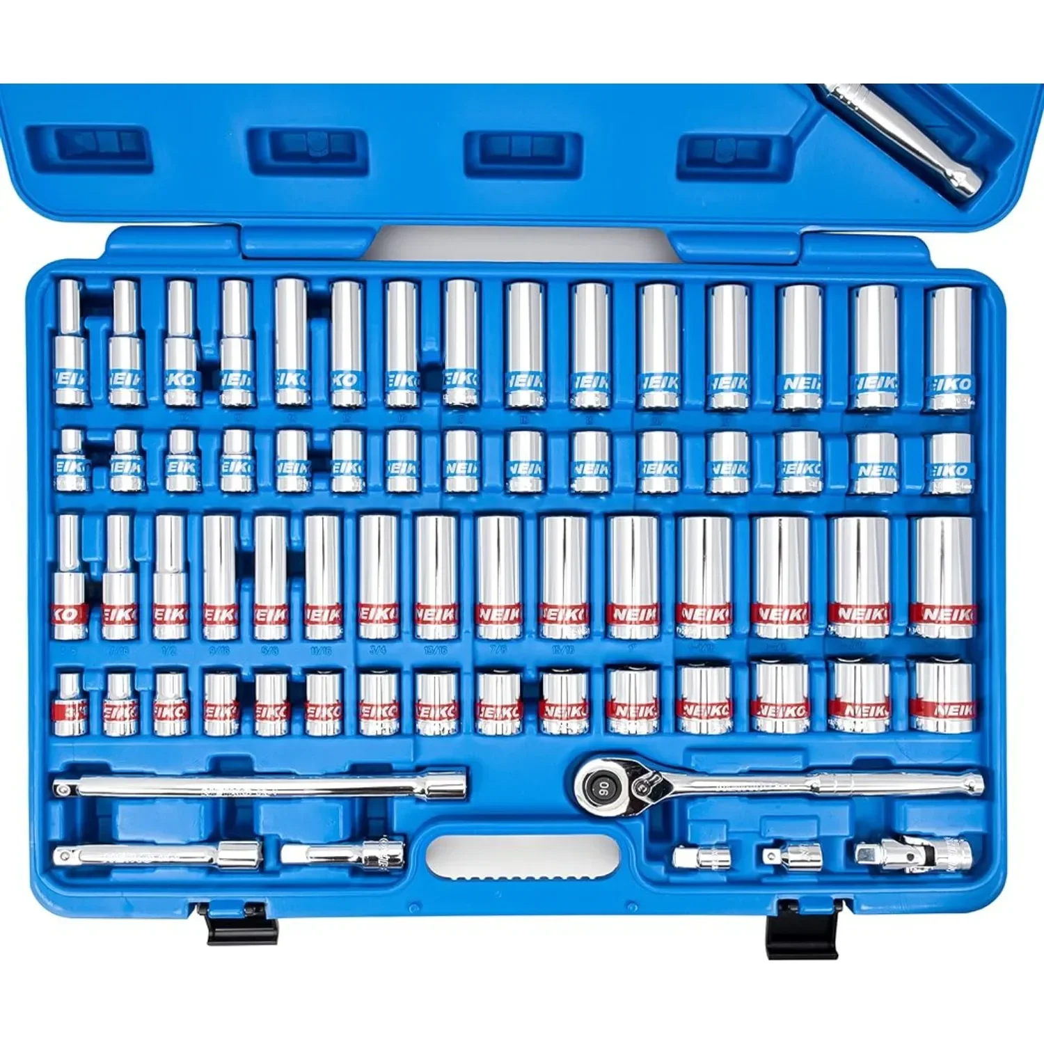 

1/2 Inch-Drive Colored Mechanics Tool Ratchet, 68 Piece Standard and Deep SAE Sizes 3/8" To 1-1/4" Metric Sizes 10 Mm To 24 Mm