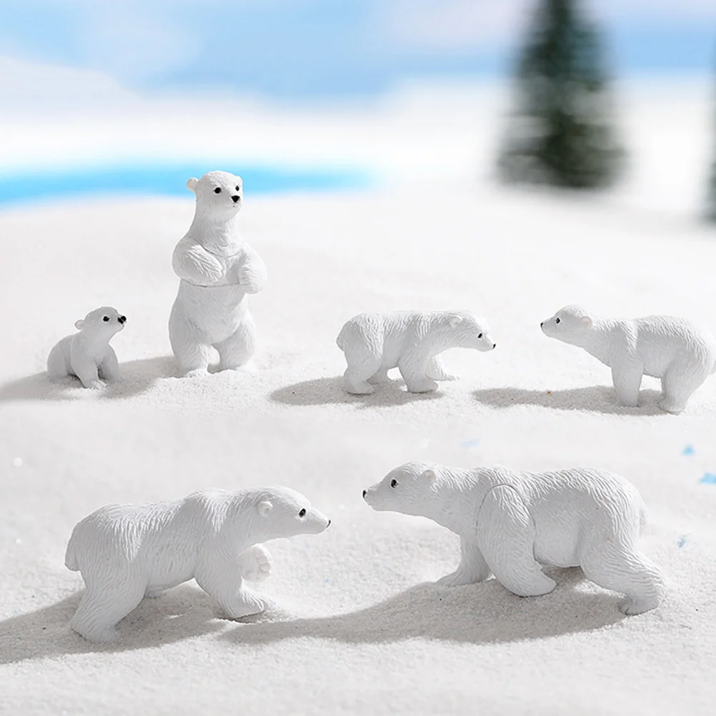 6 Pcs Mini Polar Bear Cute Desk Decor Resin Adornment Garden White Figurine Animals Toys Household Statues Figurines