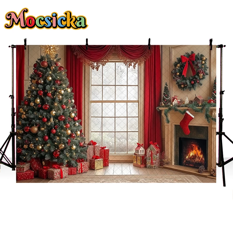 Mocsicka Xmas Czerwone Okna Drzewa Tła Dzieci Dorośli Fotografia Dziecko Dziecko Photocall Dekoracje Święty Mikołaj Tła