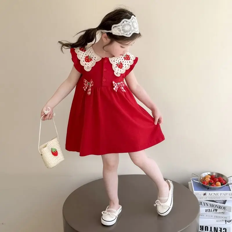 Baby Girls Summer Lace Red Turn-down collar Bow Princess Lace Self-cultivation A-Line Dress Birthday Holiday Party Children Clot