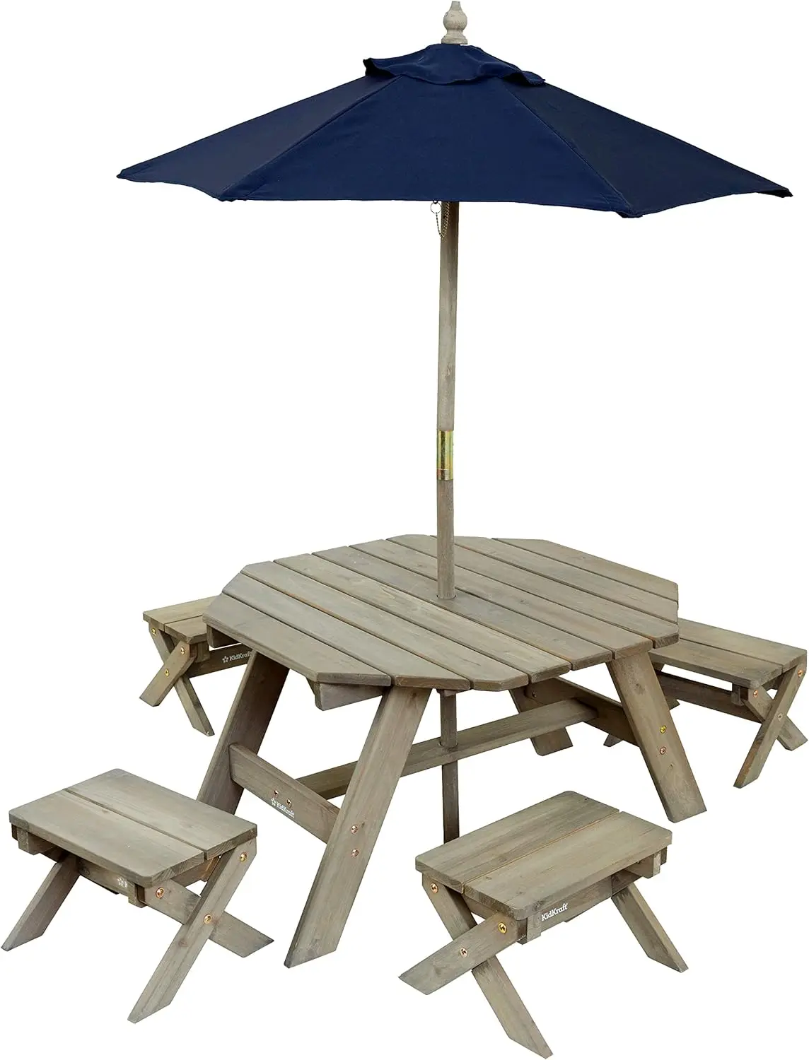 Mesa De Madeira Octagon E Conjunto De Guarda-chuva, Bancos E Guarda-chuva, Mobiliário Infantil De Exterior, Barnwood