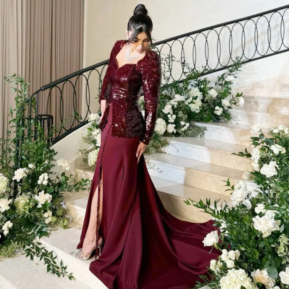 

Вечерние платья с блестками по индивидуальному заказу, милое платье для выпускного вечера с длинными рукавами и разрезом, бордовое платье русалки, платья de noche