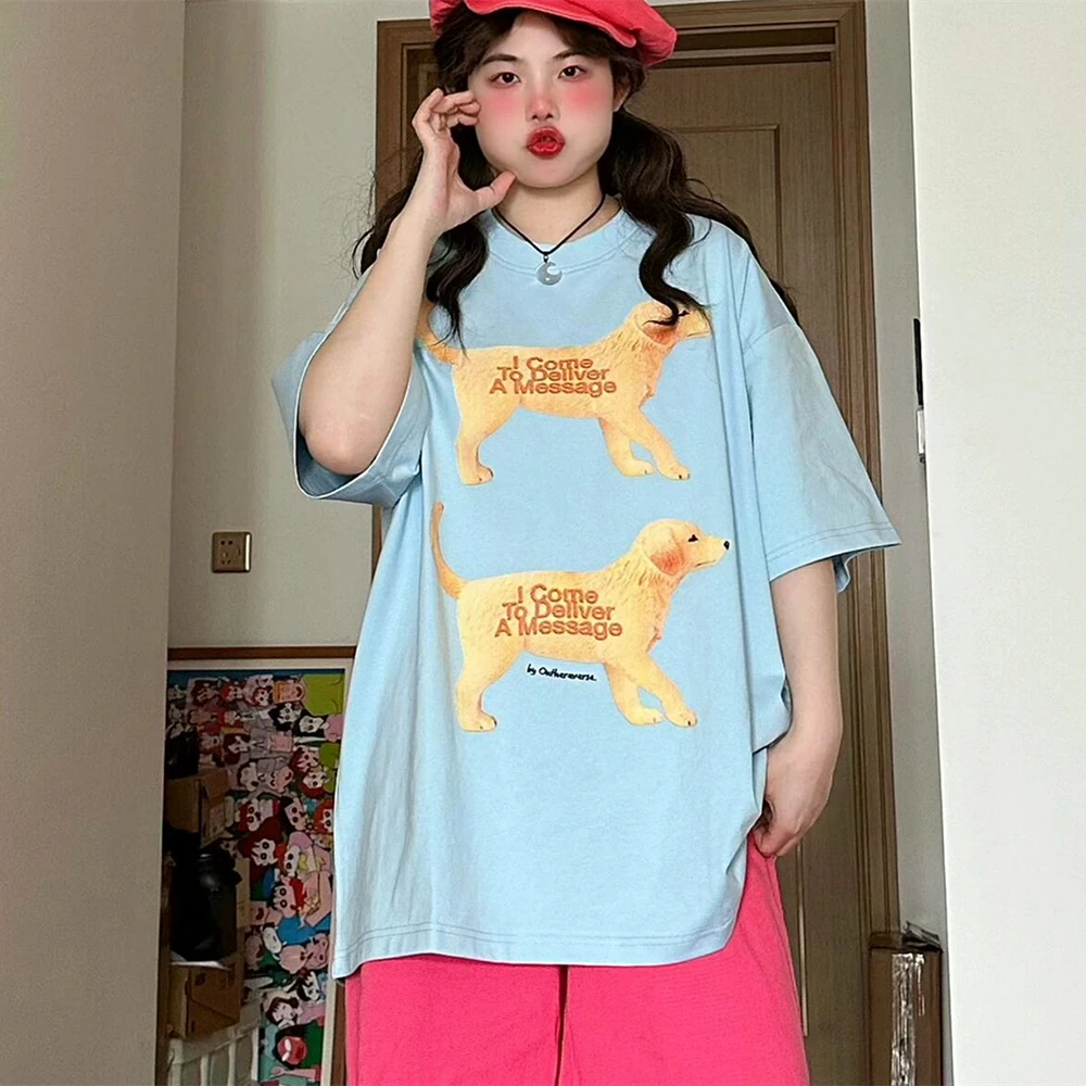 Korean Creative Letters Puppy Printed T Shirts Cute Cartoon Sky Blue Oversized Tops Summer Short Sleeve Harajuku Couples Clothes