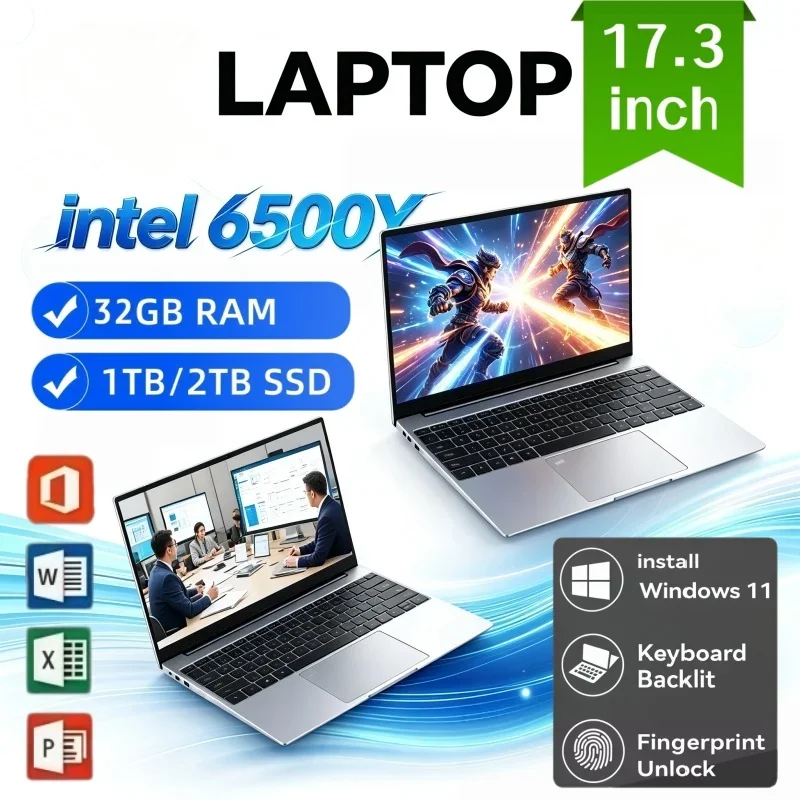 17.3 Inch Laptop Large Screen Hot Intel 6500Y  Office Study Slim 2026 16GB/32GB RAM Windows11 1TB/2TB Big SSD