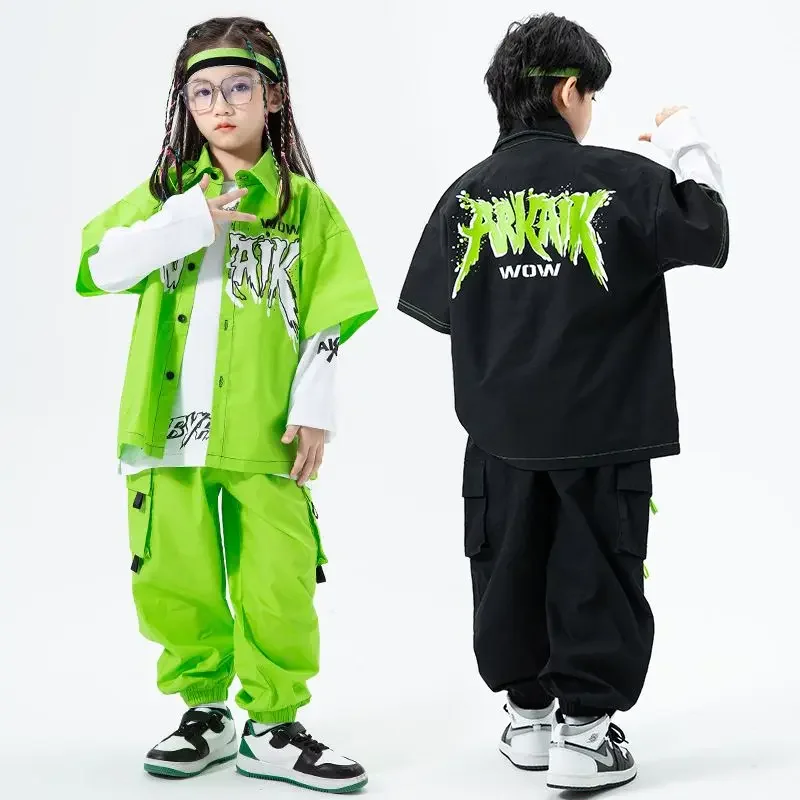 

Boys Hip Hop Cool Print Shirt Cargo Pants Girls Street Dance Green Jacket Joggers Clothes Set Child Streetwear Kids Jazz Costume