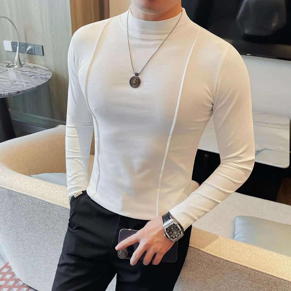 Line Decorative Half Turtle Neck Long Sleeve T-shirt Men's Spring Autumn Fashion Trend Slim Solid Versatile Mid-neck T-shirt