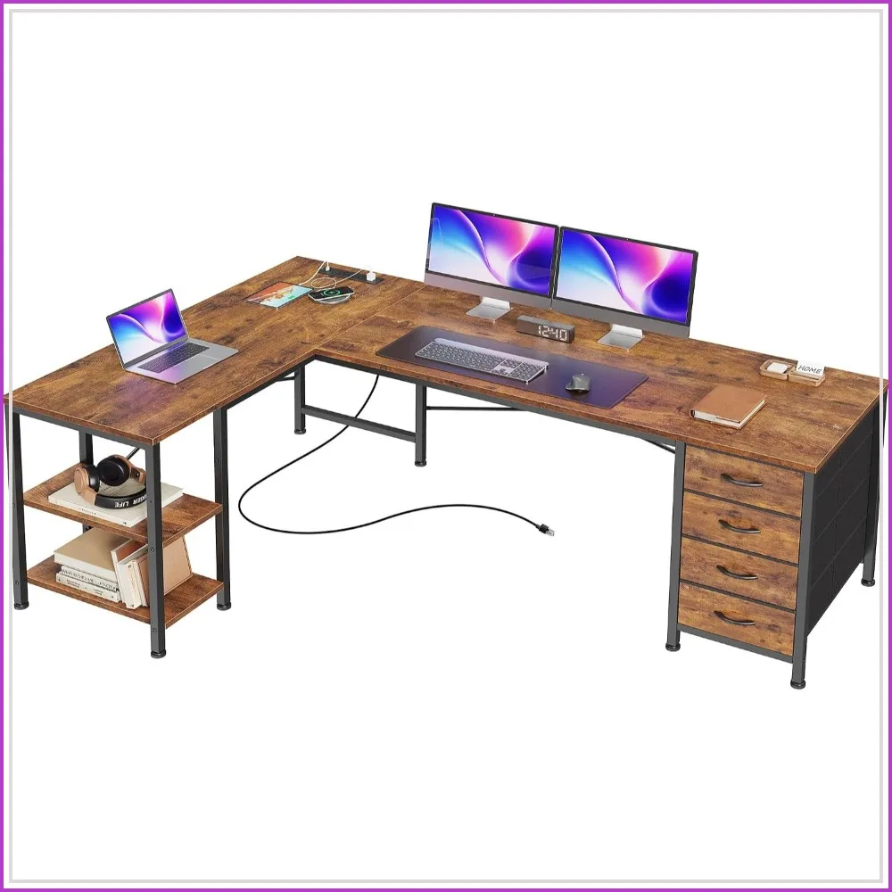 55 Inch Fabric L Shaped Desk Reversible, Power Outlets, USB-C Port, Adjustable Side Storage Shelves