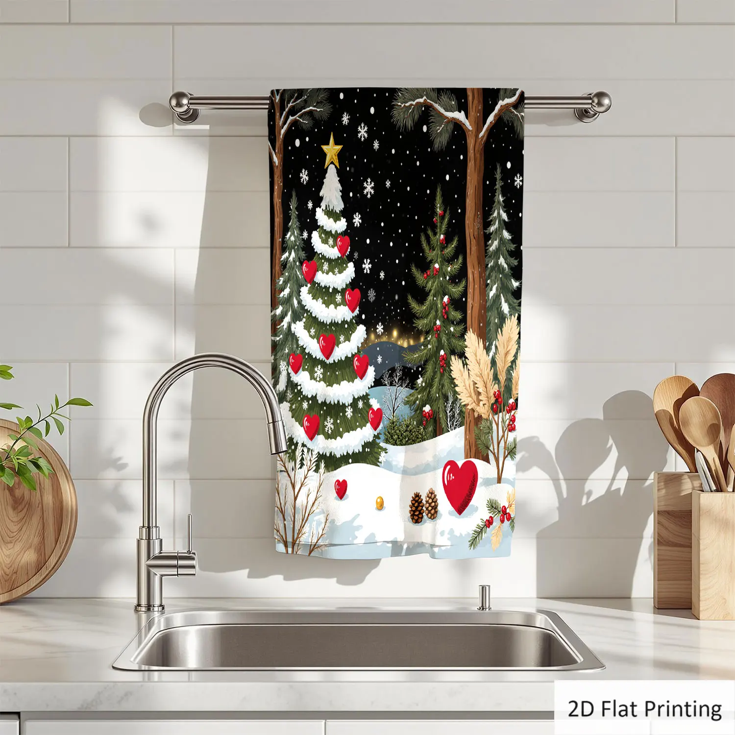 

1Pc Christmas Snowy Forest Christmas Tree Hearts Bathroom Hand Towel Bath Towel, Multiple Size Microfiber Polyester Towel, Unique Home Decorative Kitchen Towels, Festival Bathroom Accessories Decor, Quick Dry and Absorbent