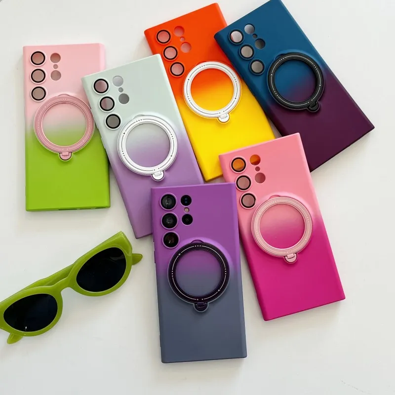 ไล่โทนสีที่มีสีสันแม่เหล็กกรณีสําหรับS Amsung G Alaxy S23อัลตร้าS23พลัสS 23บวกMagsafeไร้สายชาร์จแหวนยืนปกS23