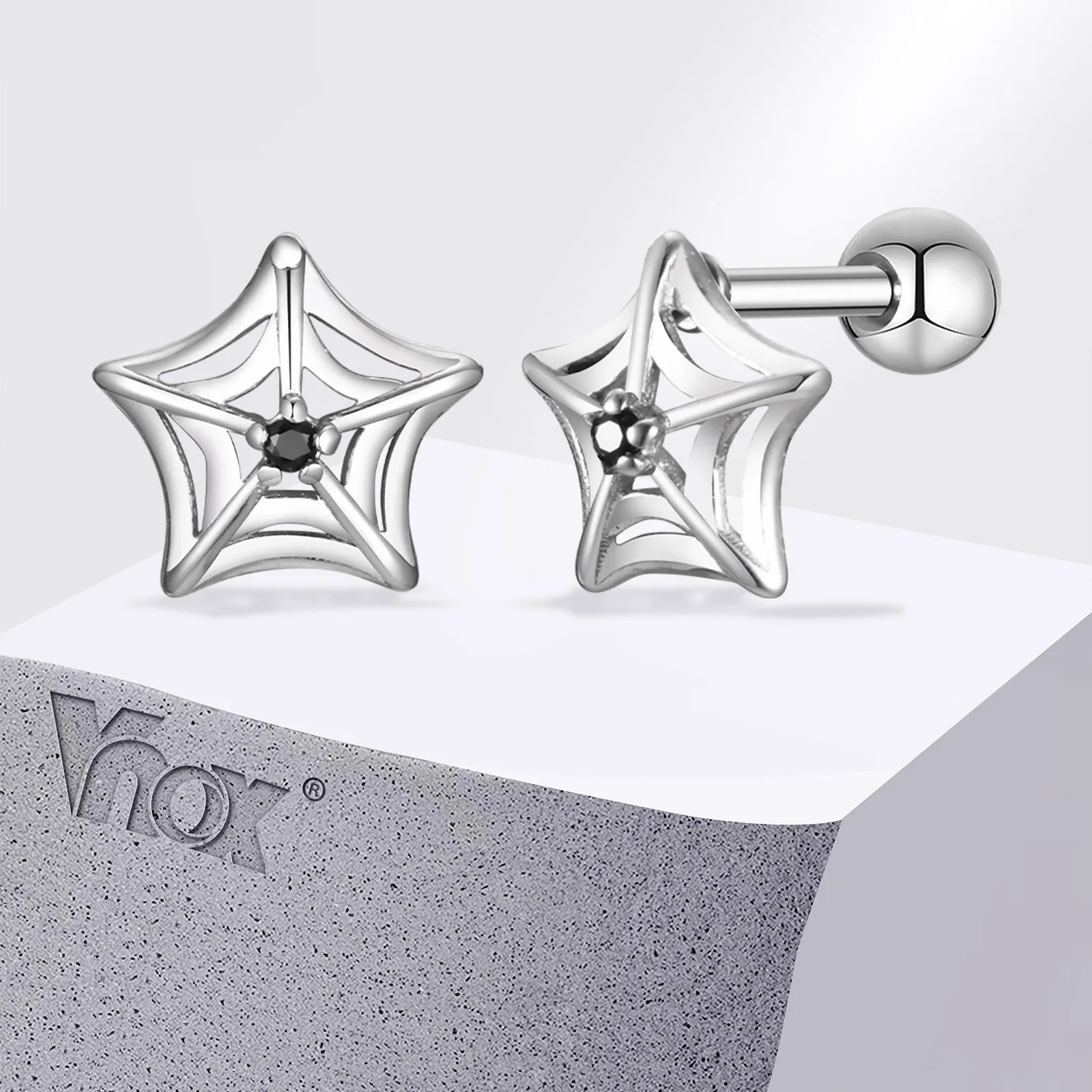 Vnox Gothic Spider Web Earrings for Men Women, Black CZ Stone Inlay Stud Earrings, Punk Anti Allergy Steel Piercing Ear Jewelry