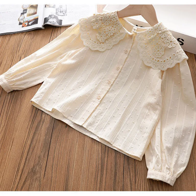 Girls Blouses Kids Shirts With Lace Collar Children Spring Autumn Clothing Tops 2-12Y