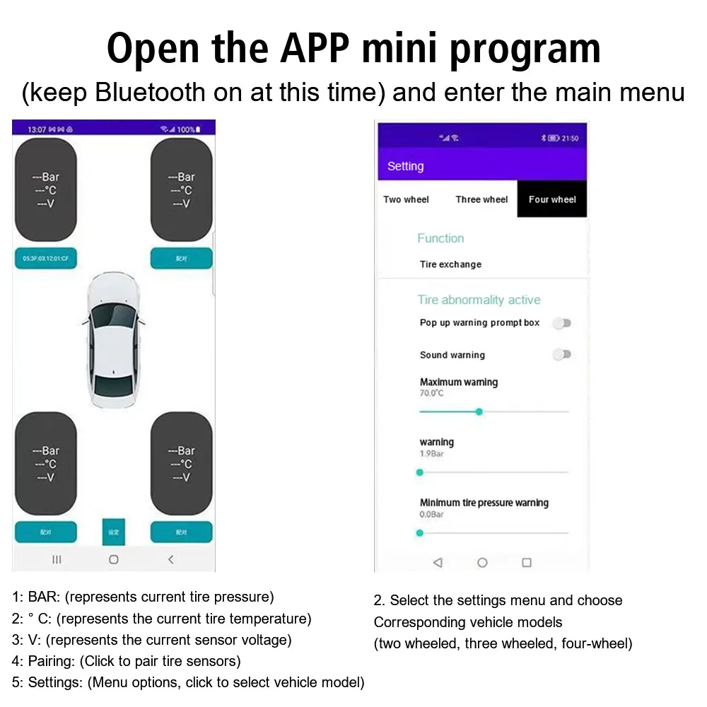 عرض الهاتف سيارة TPMS نظام مراقبة ضغط الإطارات 2/4 قطعة إنذار خارجي أجهزة استشعار ضغط الإطارات سيارة دراجة نارية بلوتوث APP