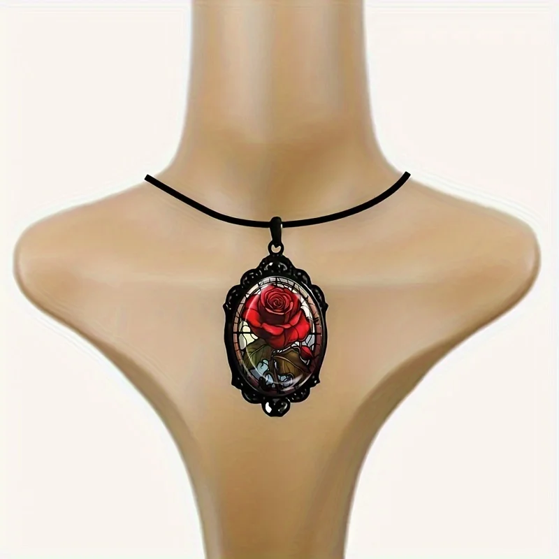 1pc Elegant Oval Glass Pendant Necklace With Red Rose Pattern & Black Frame, Retro Romantic Jewelry GiftGifts  in a niche style