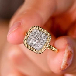 Huitan Unique Two-tone Square Shaped Women Rings for Wedding Luxury Paved Crystal Cubic Zirconia Simple Stylish Female Jewelry