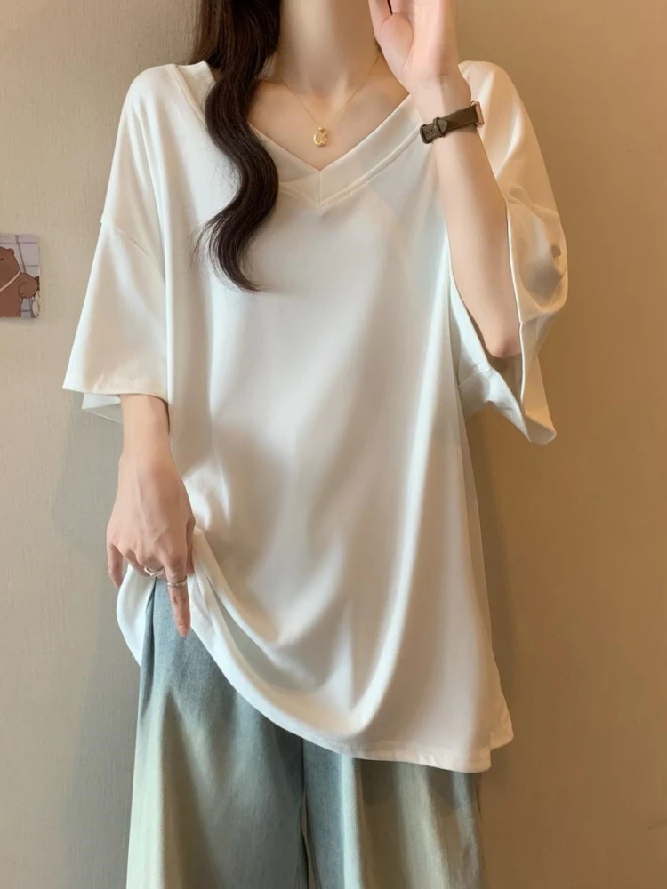 Loose V-Neck Short Sleeve T-Shirt Women's Summer New plus Size Flattering Mid-Length Butt Covering Casual Style Top