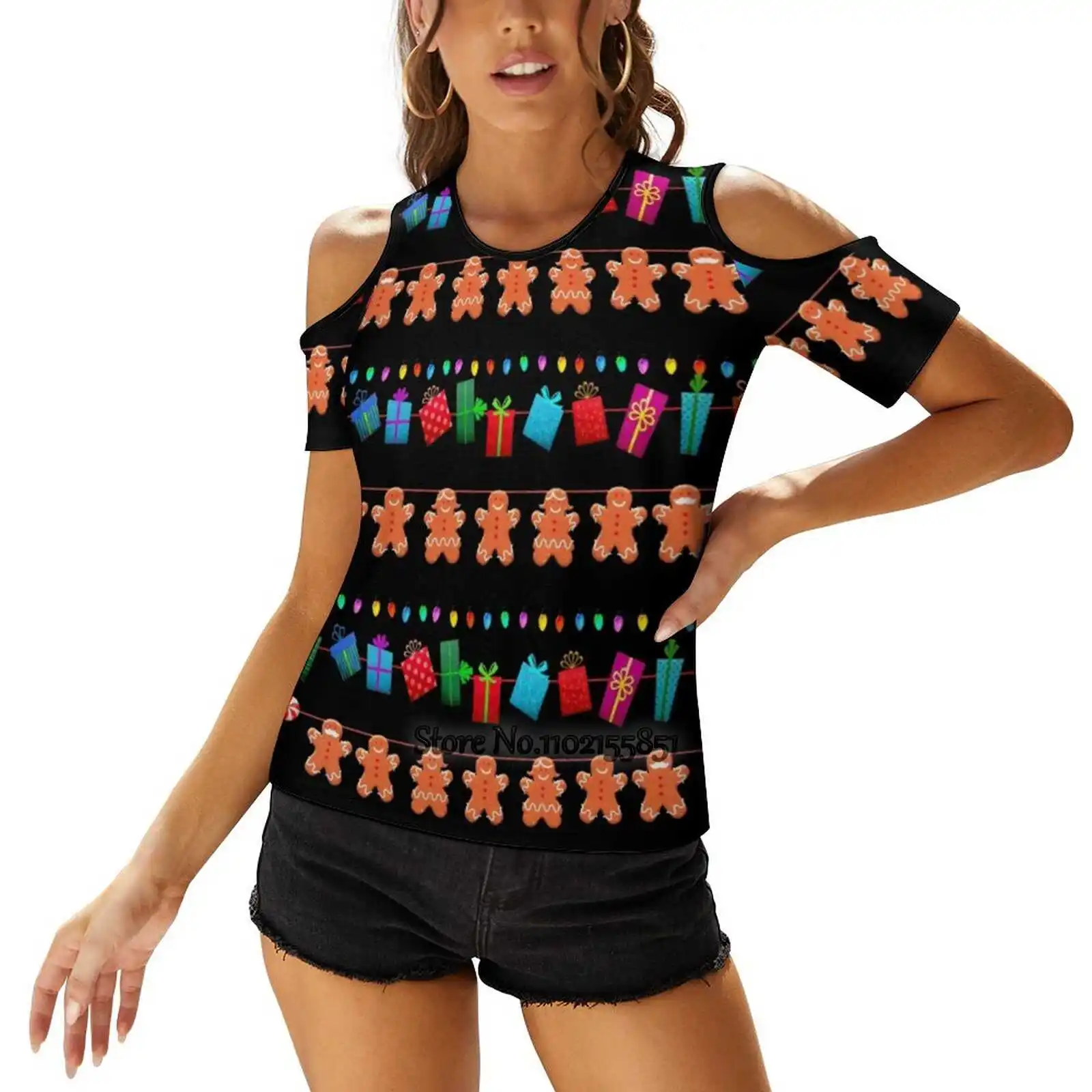 Holiday Garland Women T-Shirt Back Lacing Sexy T Shirts Hollow Out Pullover Top Christmas Garland Gingerbread Party Costume